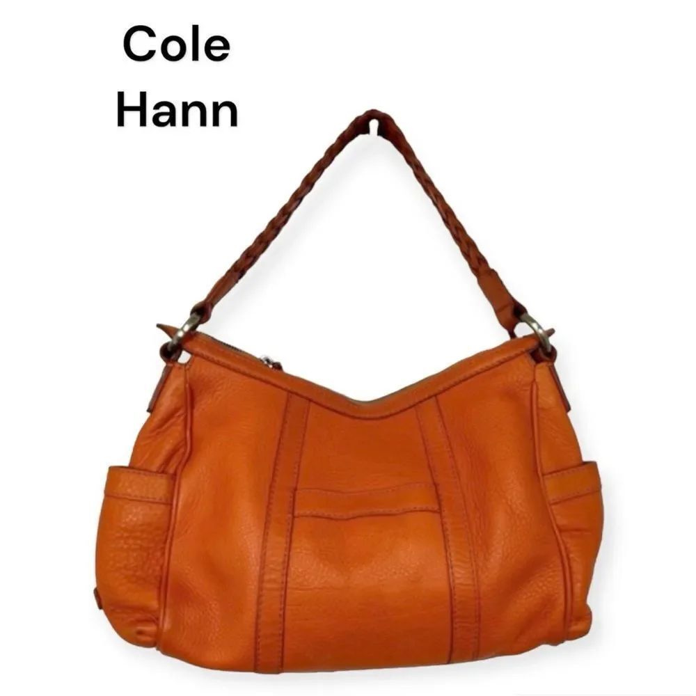 Cole Haan Pebbled Leather ZipโBraided Strap Shoulder Hobo Bag Handbag Orange